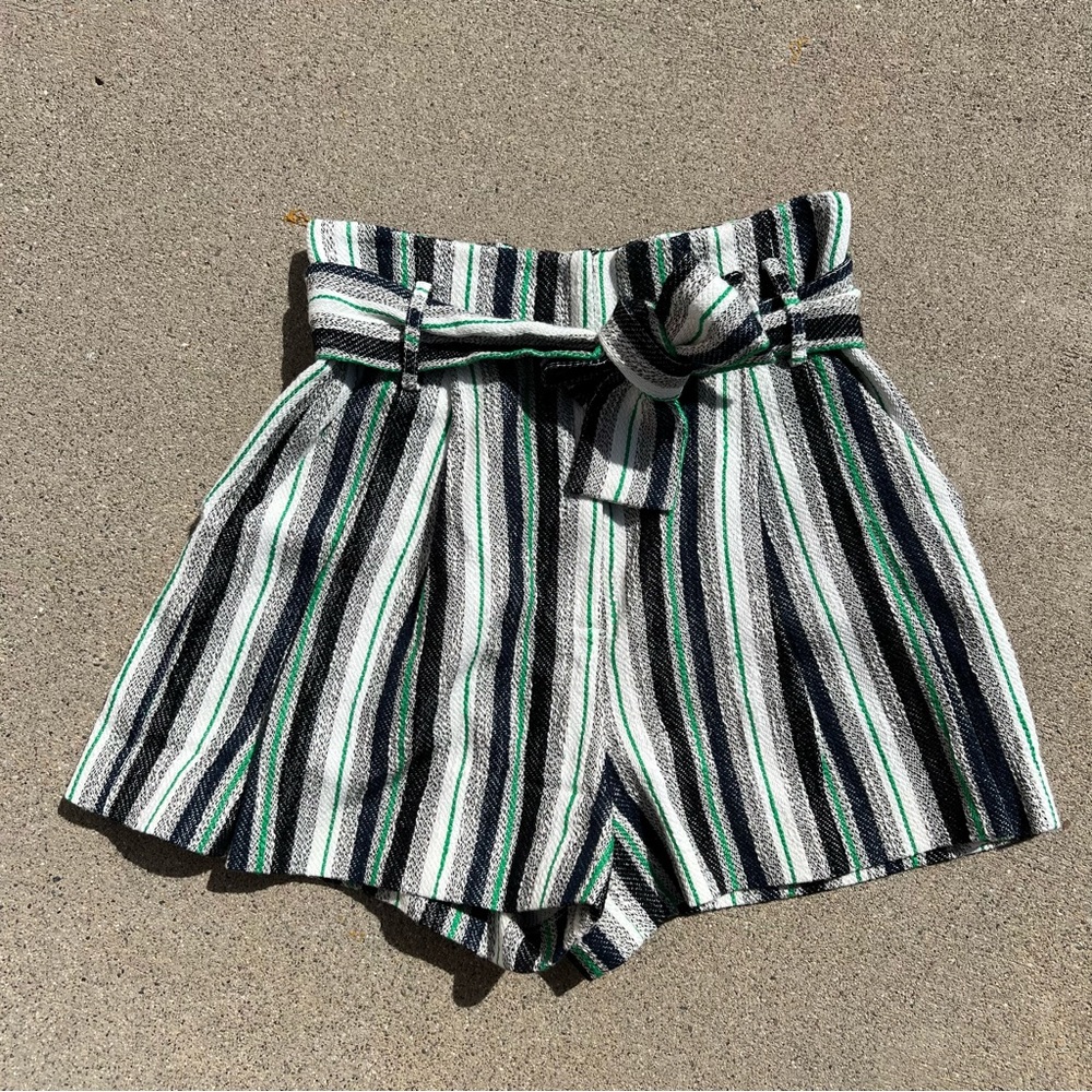 AMUR High-Waist Striped Paperbag Shorts in Black, White & Green